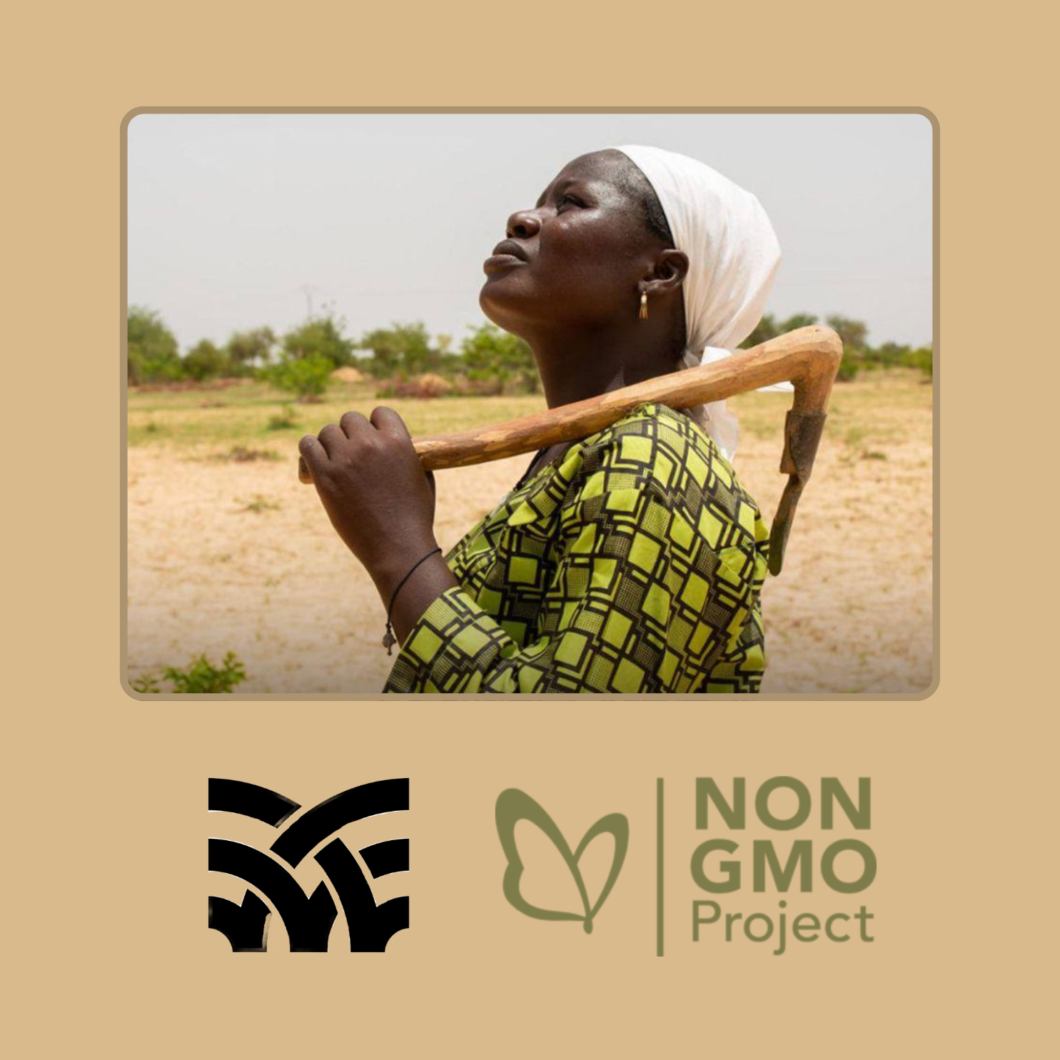 Woman farmer holding a hoe in a field for Free the Seed campaign by A Growing Culture and Non GMO Project.