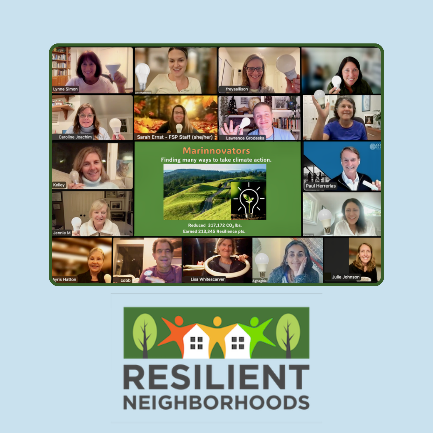 Resilient Neighborhoods Climate Action Team members celebrating household carbon reduction and climate resilience during a virtual workshop.