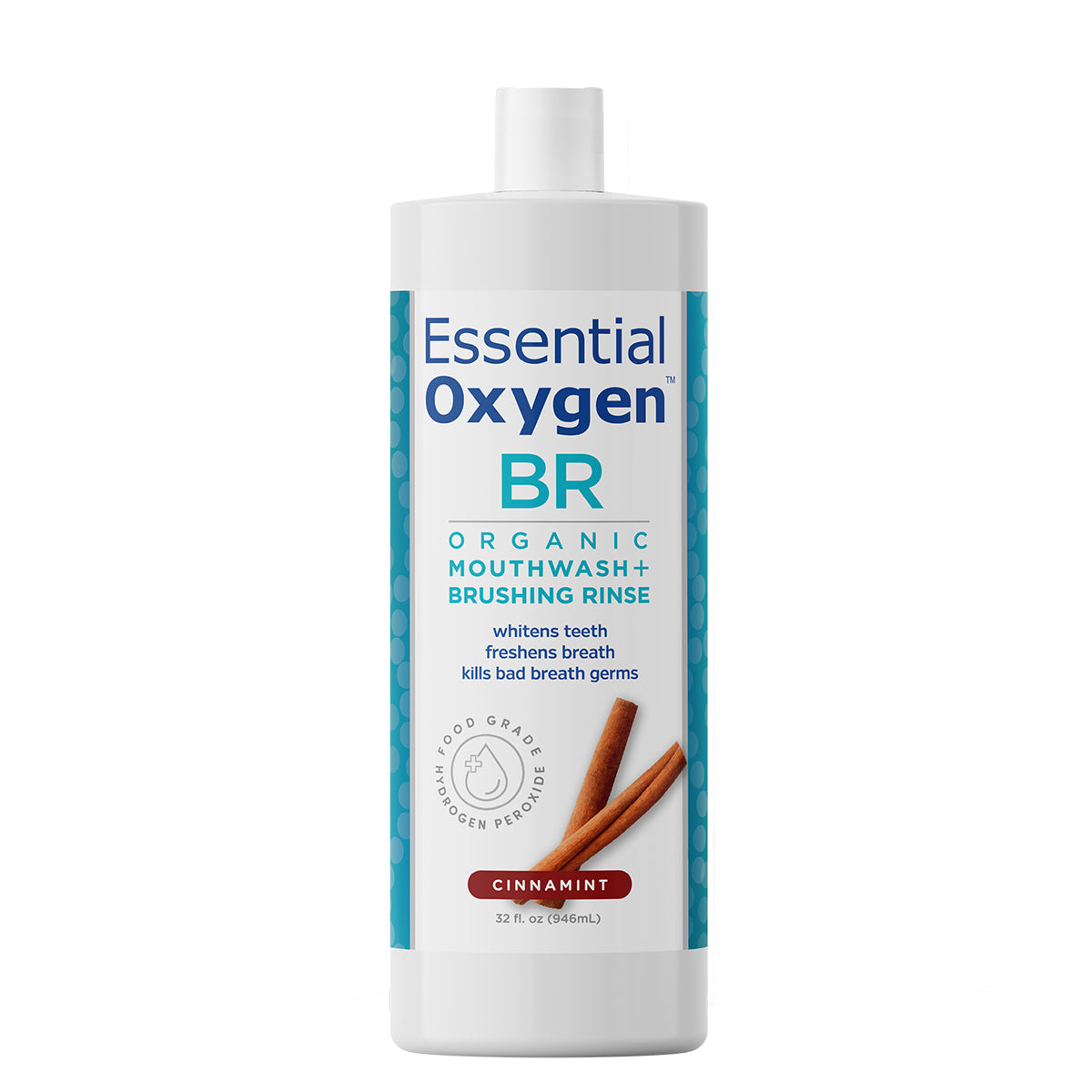 Front view of a single 32 oz bottle of Essential Oxygen BR Organic Mouthwash and Brushing Rinse in Cinnamint flavor.