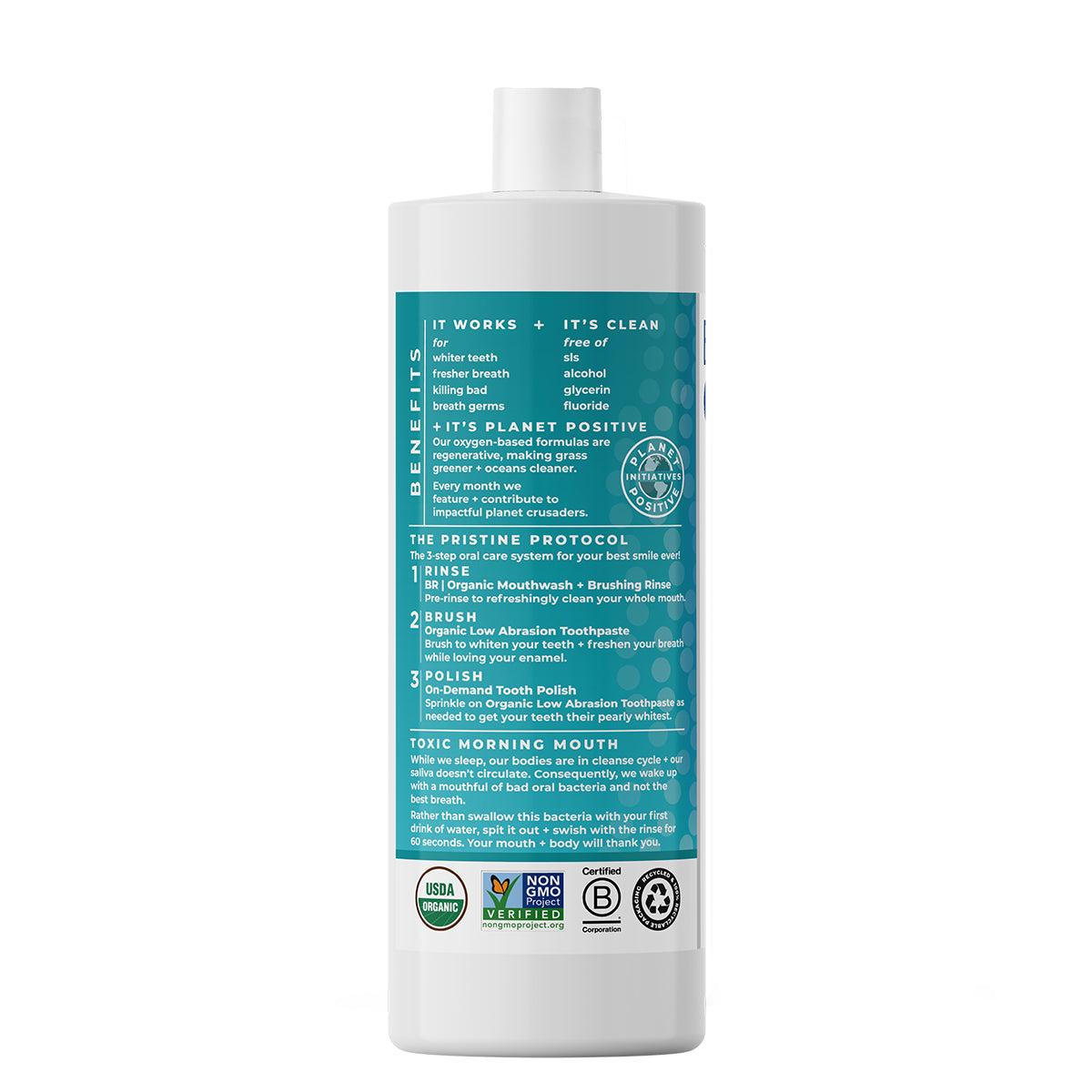 Left view of a single 32 oz bottle of Essential Oxygen BR Organic Mouthwash and Brushing Rinse in Cinnamint flavor.