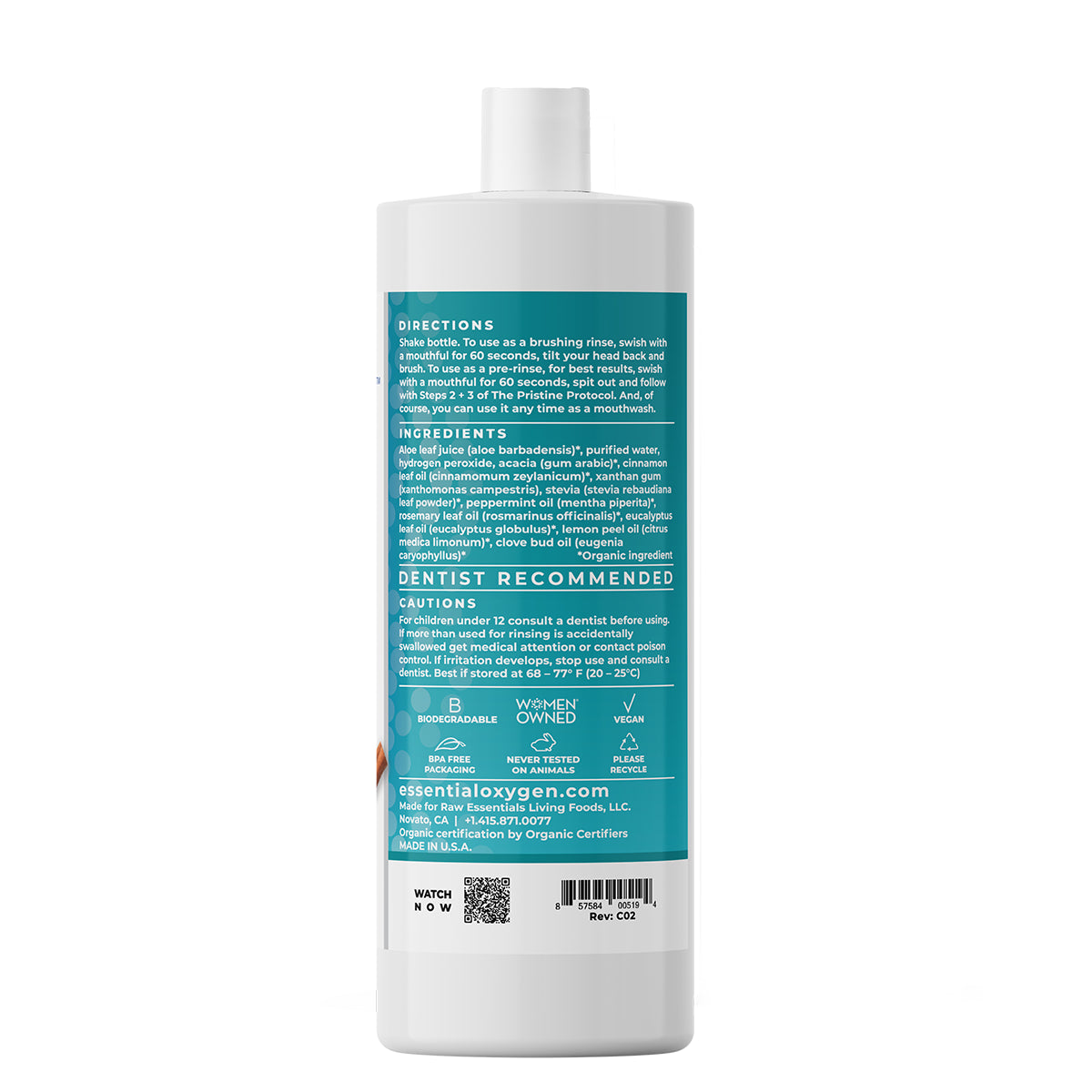 Right view of a single 32 oz bottle of Essential Oxygen BR Organic Mouthwash and Brushing Rinse in Cinnamint flavor.