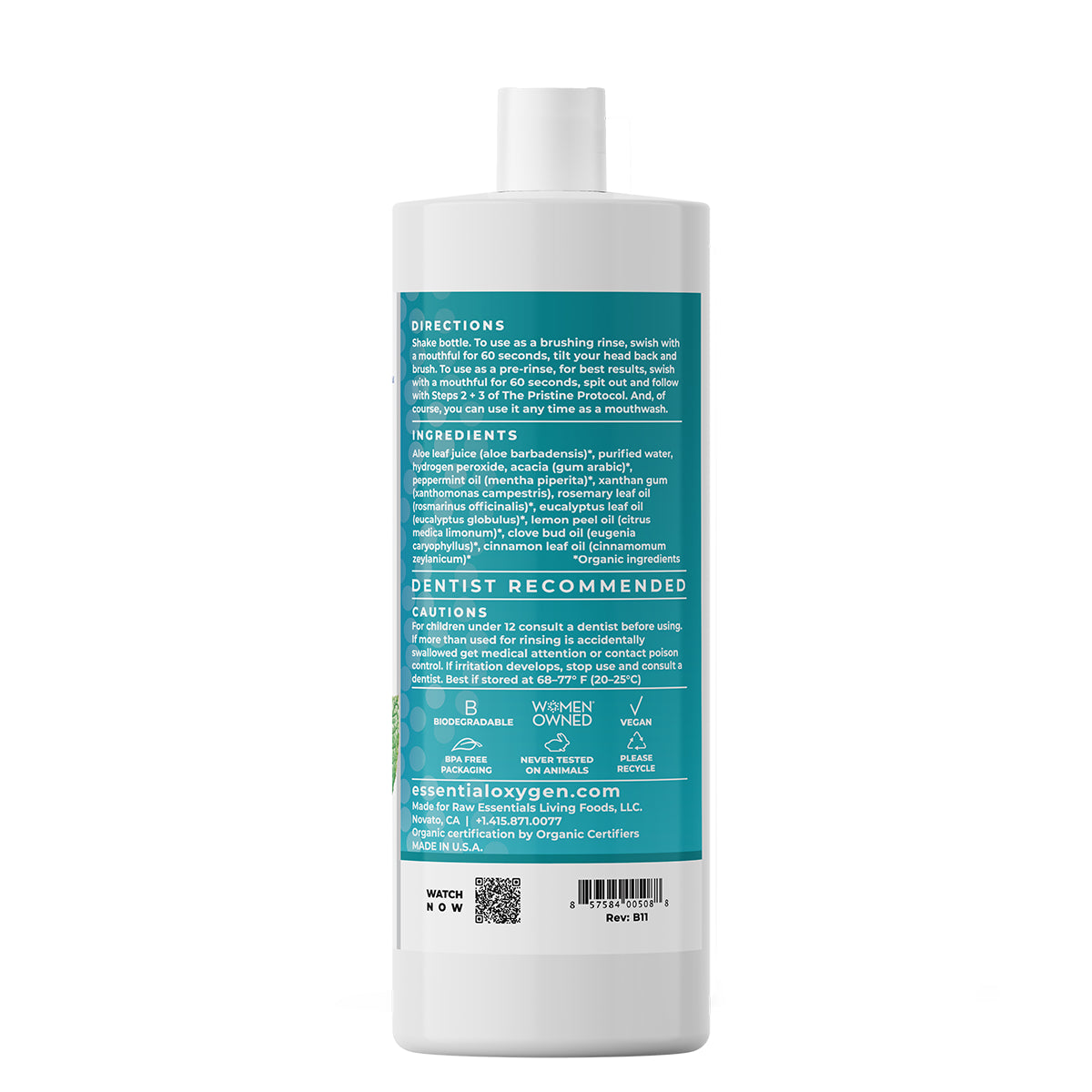 Right view of a single 32 oz (946 ml) bottle of Essential Oxygen BR Organic Mouthwash and Brushing Rinse in Peppermint flavor