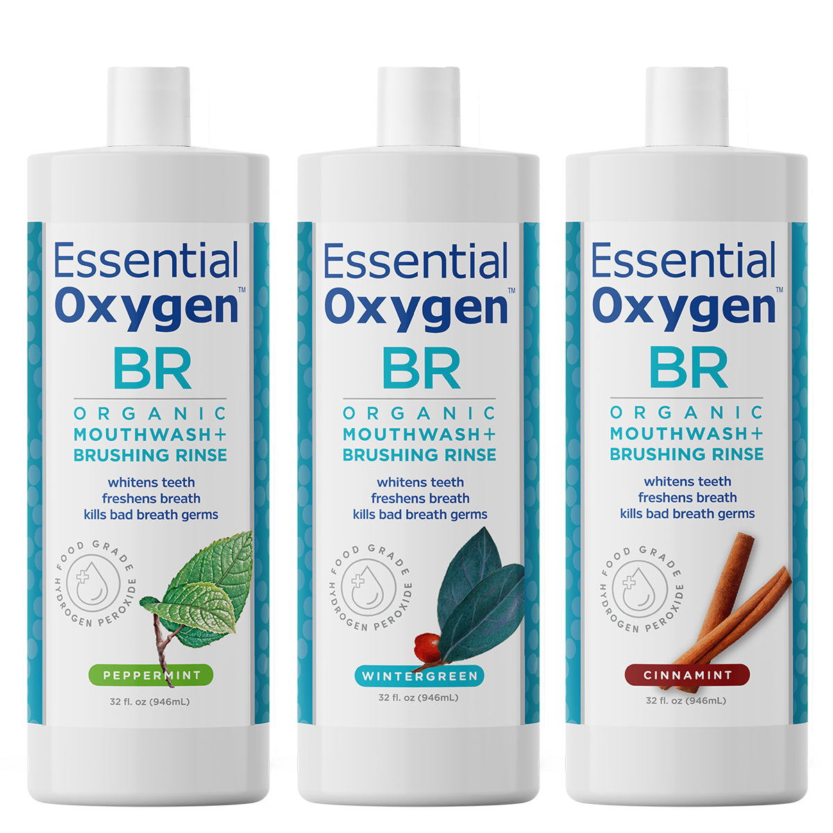 Three bottles of Essential Oxygen BR Organic Mouthwash and Brushing Rinse are shown. From left to right, the flavors are Peppermint, Wintergreen, and Cinnamint. Each bottle is labeled with the brand name and highlights benefits such as whitening teeth, freshening breath, and killing bad breath germs. The bottles also mention the inclusion of food-grade hydrogen peroxide.