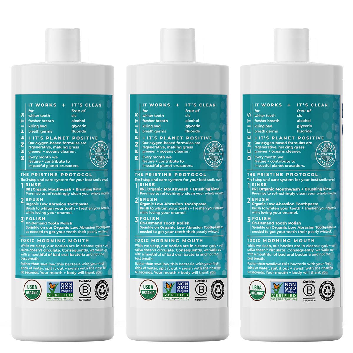 Three bottles of Essential Oxygen BR Organic Mouthwash and Brushing Rinse are shown. From left to right, the flavors are Peppermint, Wintergreen, and Cinnamint. Each bottle is labeled with the brand name and highlights benefits such as whitening teeth, freshening breath, and killing bad breath germs. The bottles also mention the inclusion of food-grade hydrogen peroxide.