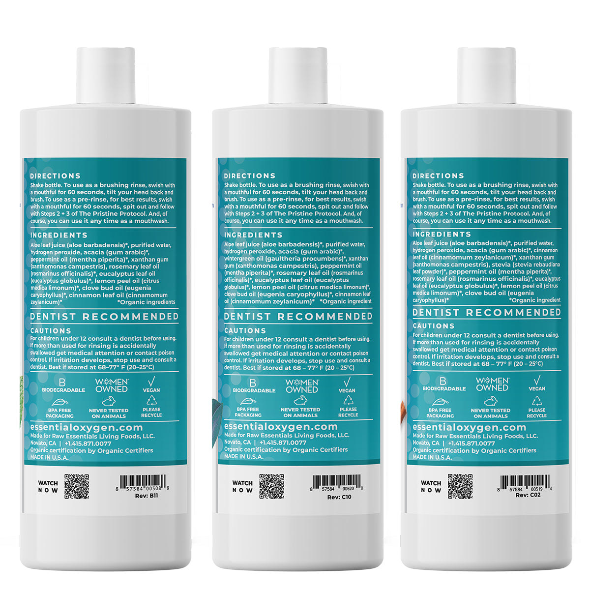 Three bottles of Essential Oxygen BR Organic Mouthwash and Brushing Rinse are shown. From left to right, the flavors are Peppermint, Wintergreen, and Cinnamint. Each bottle is labeled with the brand name and highlights benefits such as whitening teeth, freshening breath, and killing bad breath germs. The bottles also mention the inclusion of food-grade hydrogen peroxide.