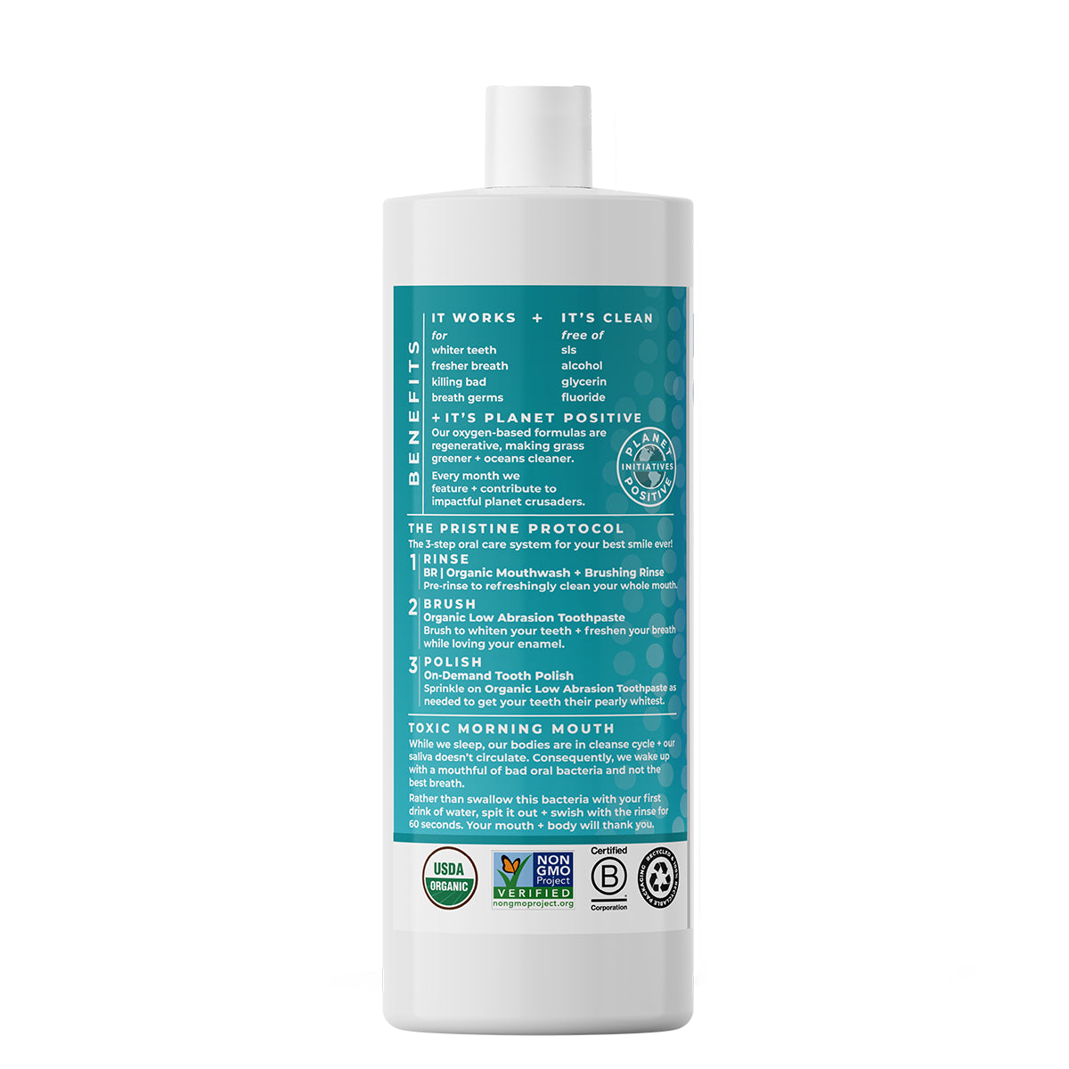 Left view of a single 32 oz (946 ml) bottle of Essential Oxygen BR Organic Mouthwash and Brushing Rinse in Wintergreen flavor