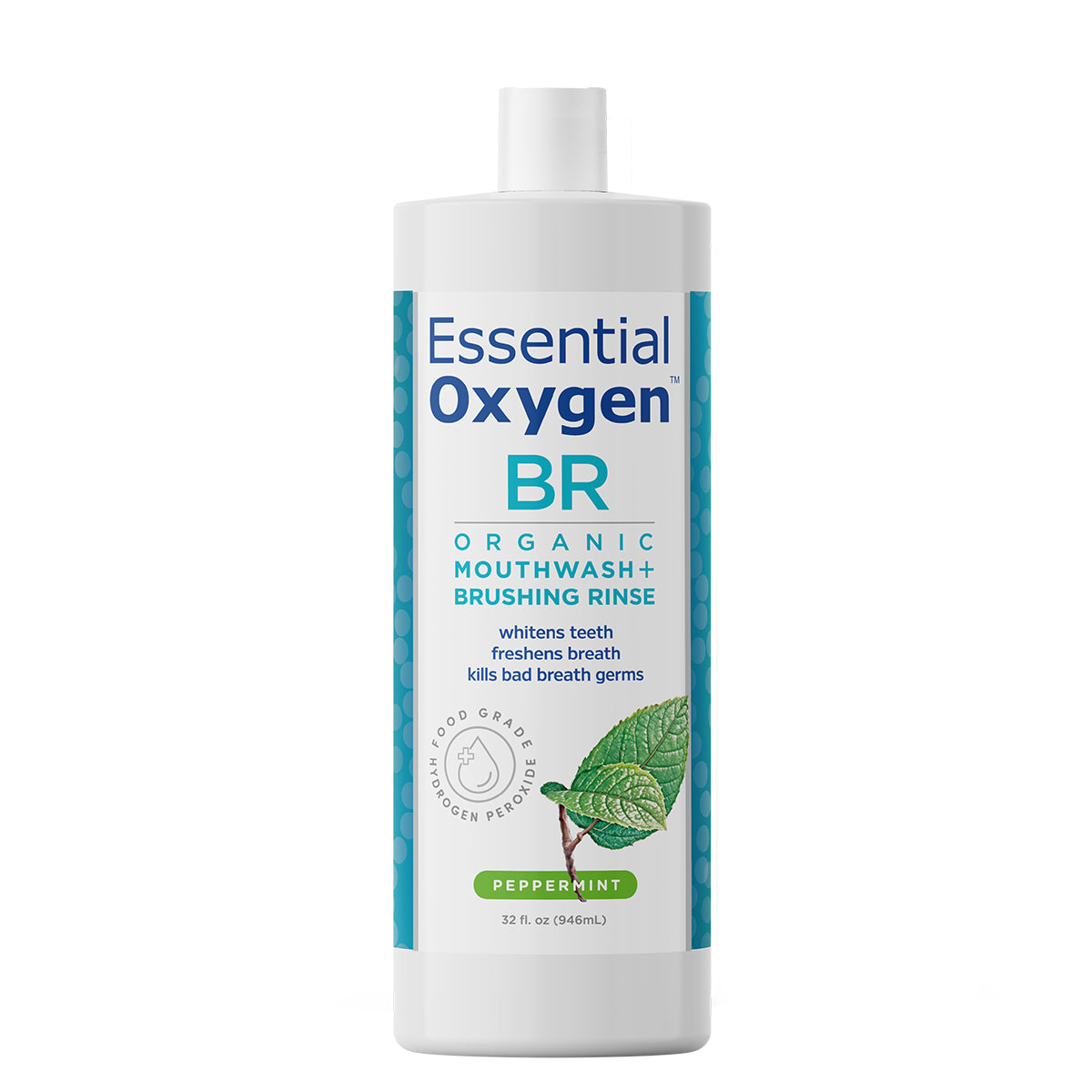 Front view of a single 32 oz (946 ml) bottle of Essential Oxygen BR Organic Mouthwash and Brushing Rinse in Peppermint flavor