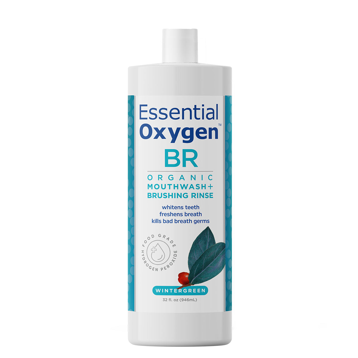 Front view of a single 32 oz (946 ml) bottle of Essential Oxygen BR Organic Mouthwash and Brushing Rinse in Wintergreen flavor